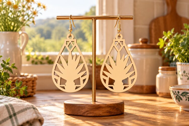 Teardrop Desert Agave Floral Wooden Earrings Laser Cut SVG example image 1