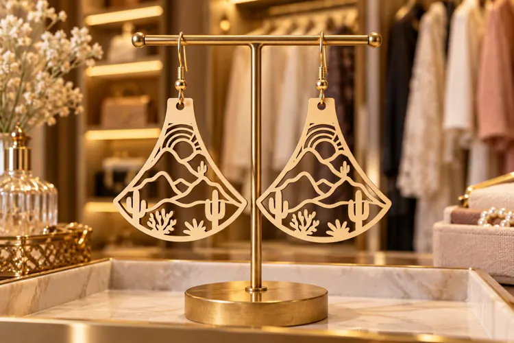 Fan Shape Desert Agave Mountain Wooden Earrings Laser Cut