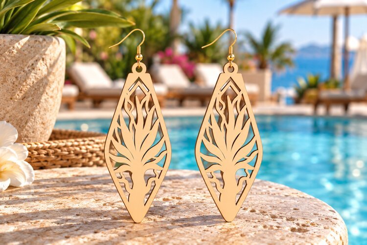Long Drop Desert Agave Wooden Earrings Laser Cut SVG example image 1