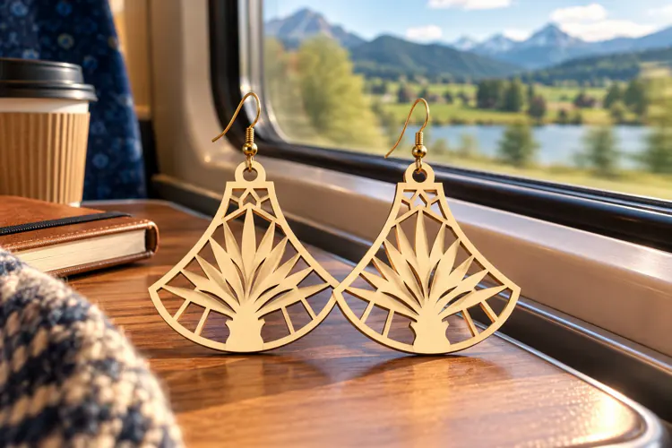Fan Shape Desert Agave Mountain Wooden Earrings Laser Cut