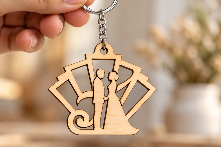 Art Deco Fan Wedding Couple Laser Cut Keychain SVG example image 1