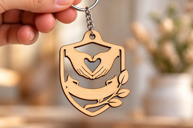 Shield Frame Heart Hands Ribbon Laser Cut Keychain SVG laser example image 1