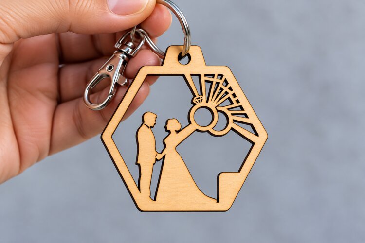 Hexagon Frame Wedding Couple Rings Laser Cut Keychain SVG example image 1