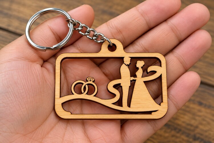 Horizontal Rectangle Wedding Couple Rings Laser Cut Keychain example image 1