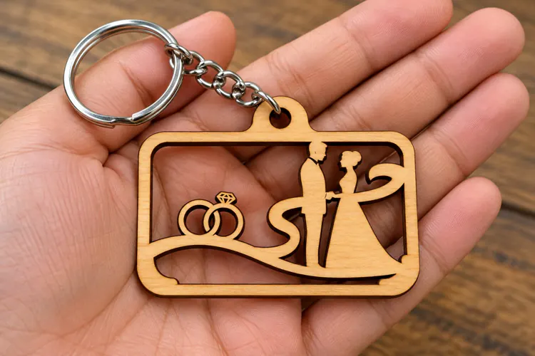 Horizontal Rectangle Wedding Couple Rings Laser Cut Keychain