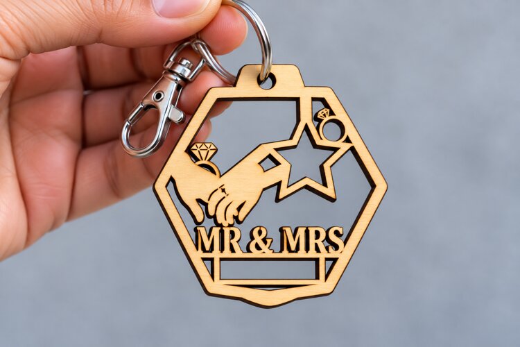 Hexagon Holding Hands Mr & Mrs Keychain Laser Cut SVG example image 1
