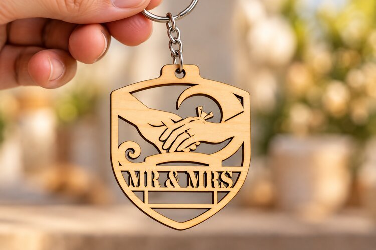 Shield Frame Holding Hands Mr & Mrs Keychain Laser Cut SVG example image 1