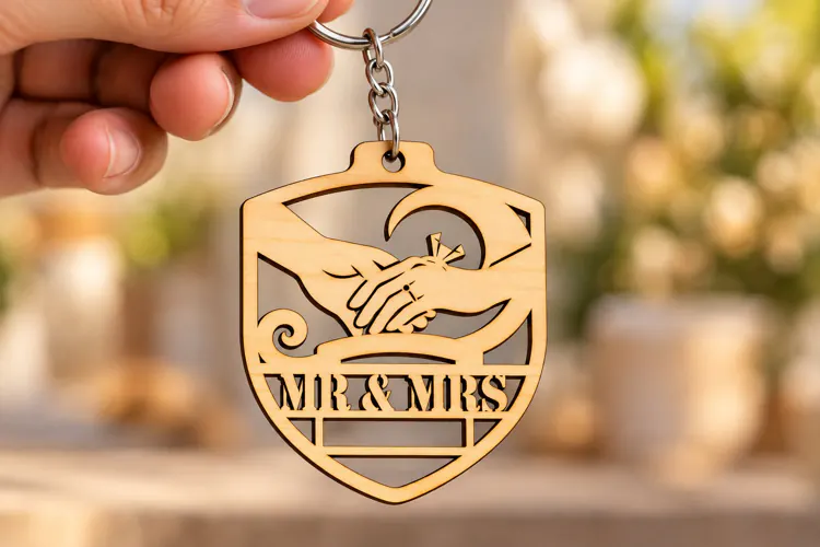 Shield Frame Holding Hands Mr & Mrs Keychain Laser Cut SVG
