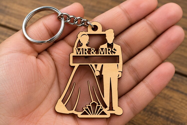 Silhouette Bride Groom Mr & Mrs Banner Keychain Laser Cut example image 1