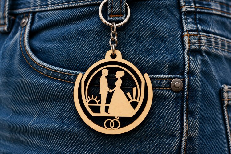 Double Ring Frame Wedding Couple Keychain Laser Cut SVG example image 1