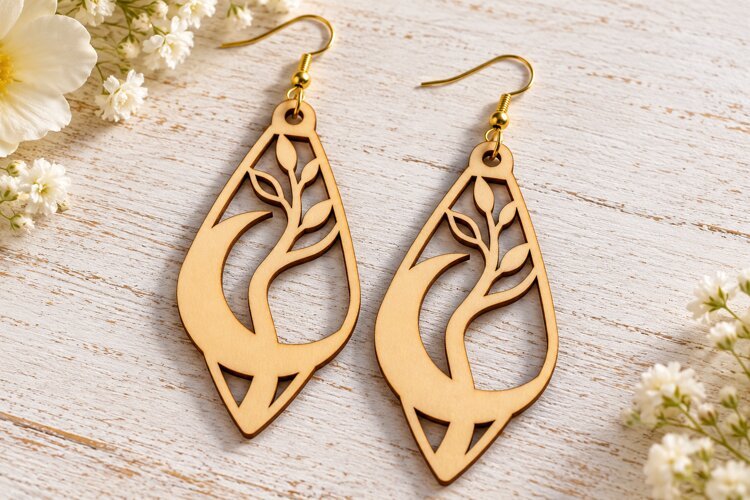 Marquise Crescent Moon Tree Laser Cut Earrings SVG Design example image 1