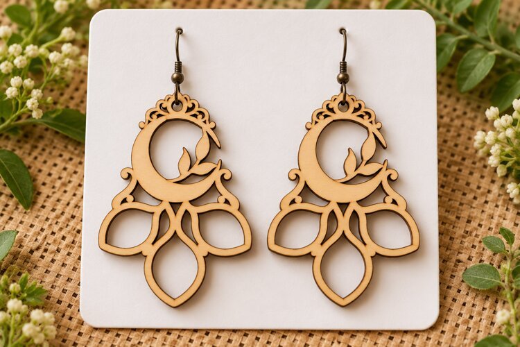 Crescent Moon Floral Petal Laser Cut Earrings SVG Vector example image 1