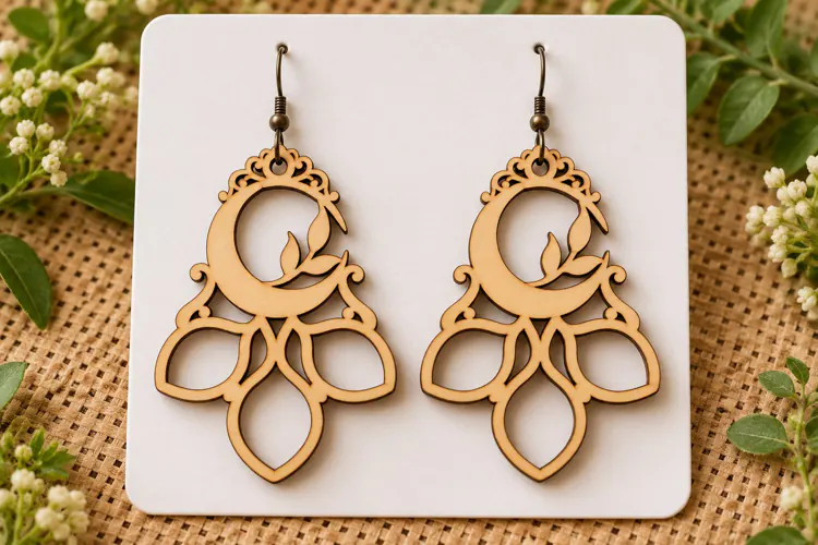Crescent Moon Floral Petal Laser Cut Earrings SVG Vector