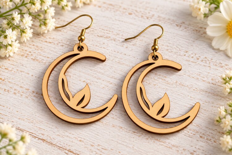 Simple Crescent Moon Leaf Laser Cut Earrings SVG Template example image 1