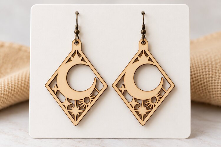 Diamond Frame Crescent Moon Laser Cut Earrings SVG Design example image 1