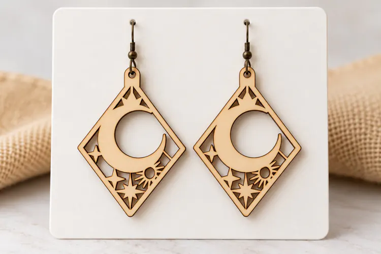 Diamond Frame Crescent Moon Laser Cut Earrings SVG Design
