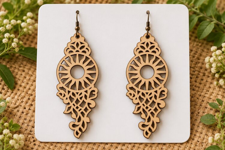 Long Ornate Sun Mandala Laser Cut Earrings SVG File laser example image 1