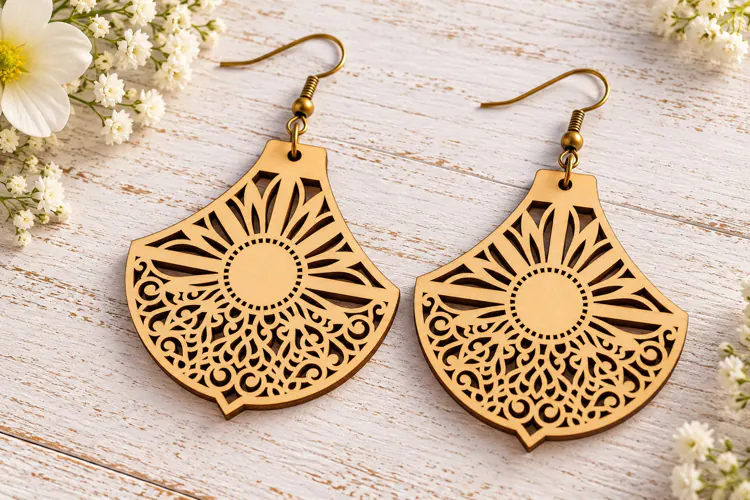 Fan Shape Sunburst Floral Laser Cut Earrings SVG Design