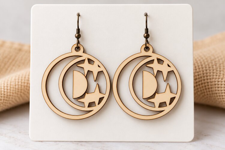 Round Hoop Crescent Moon Cat Laser Cut Earrings SVG laser example image 1
