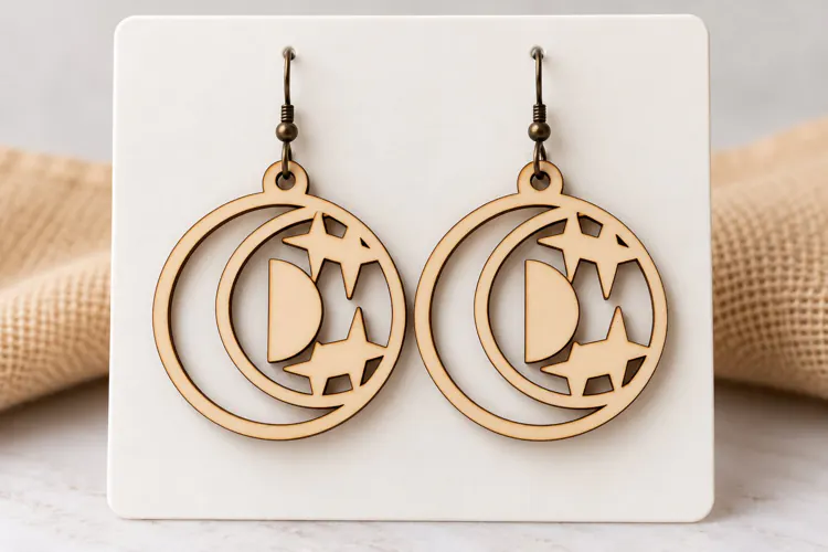 Round Hoop Crescent Moon Cat Laser Cut Earrings SVG laser