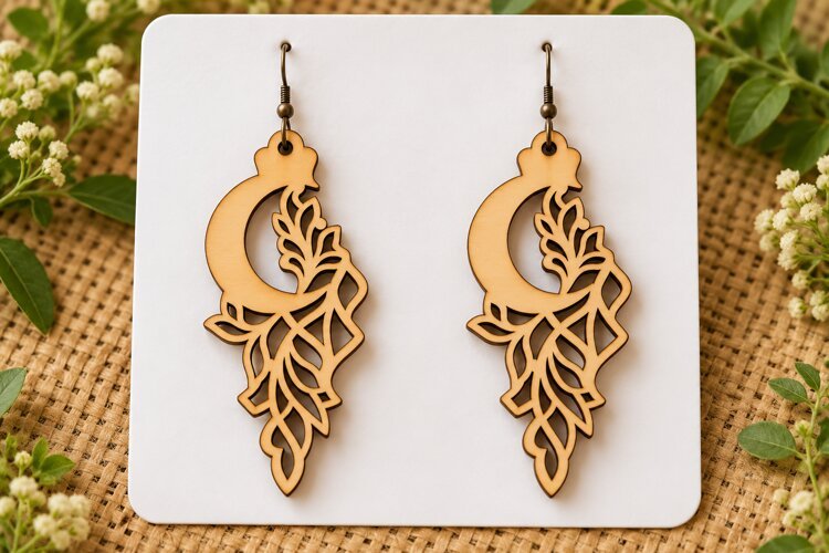 Crescent Moon Leaf Cascade Laser Cut Earrings SVG Vector example image 1