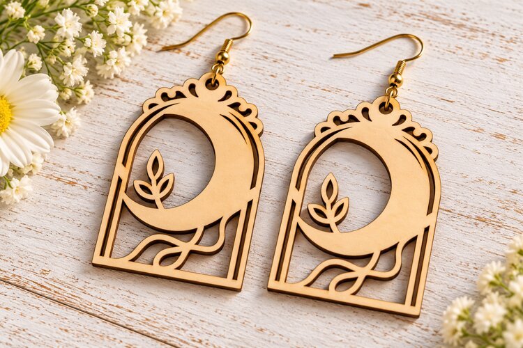 Window Arch Crescent Moon Leaf Laser Cut Earrings SVG laser example image 1