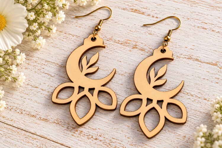 Leaf Crescent Moon Floral Wooden Earrings Laser Cut SVG, Bot example image 1