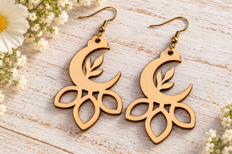 Leaf Crescent Moon Floral Wooden Earrings Laser Cut SVG, Bot
