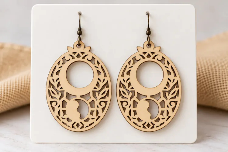Oval Crescent Moon Keyhole Wooden Earrings Laser Cut SVG