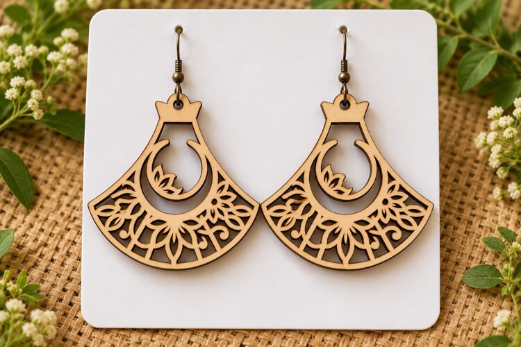 Shape Crescent Moon Floral Wooden Earrings Laser Cut SVG example image 1