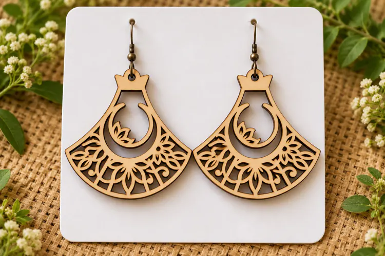Shape Crescent Moon Floral Wooden Earrings Laser Cut SVG
