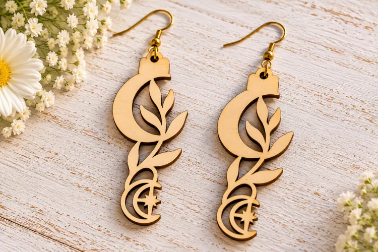 Crescent Moon Leaf Wooden Earrings Laser Cut SVG, Botanical