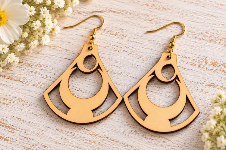 Teardrop Crescent Moon Geometric Wooden Earrings Laser Cut