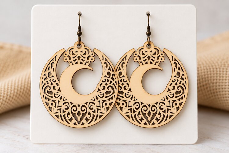 Round Crescent Moon Floral Wooden Earrings Laser Cut SVG example image 1