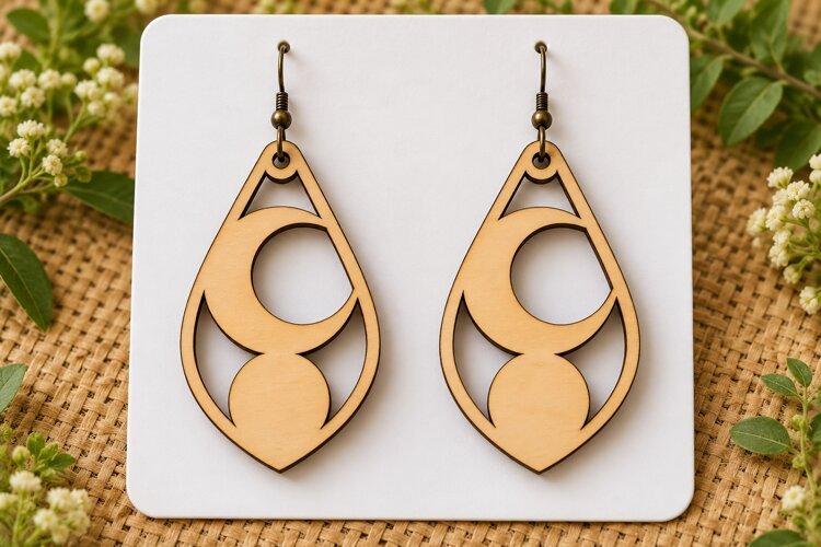 Crescent Moon Botanical Wooden Earrings Laser Cut SVG example image 1