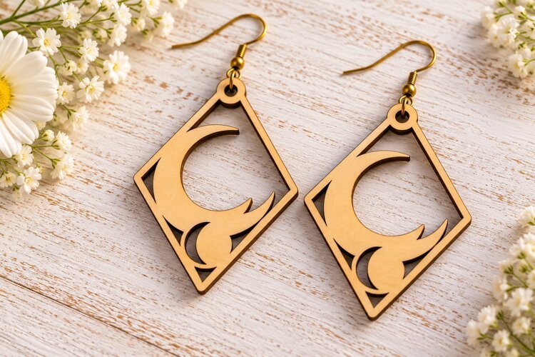 Diamond Crescent Moon Floral Wooden Earrings Laser Cut SVG, example image 1