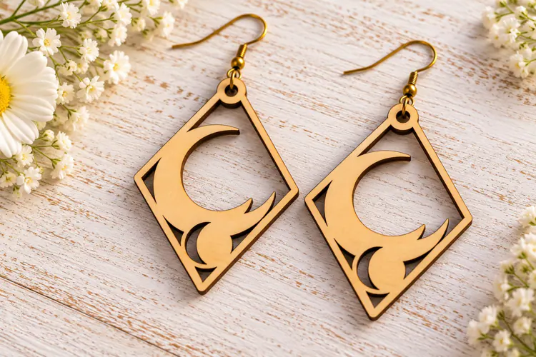 Diamond Crescent Moon Floral Wooden Earrings Laser Cut SVG,