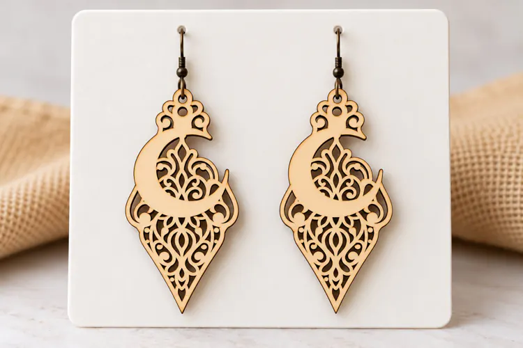 Crescent Moon Floral Wooden Earrings Laser Cut SVG, Geometri