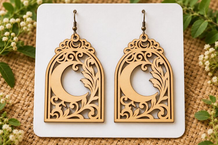 Crescent Moon Fl Crescent Moon Floral Wooden Earrings Laser example image 1