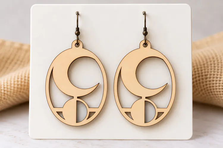 Crescent Moon Floral Wooden Earrings Laser Cut SVG, Botanica