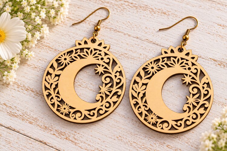 Round Crescent Moon Floral Wooden Earrings Laser Cut SVG example image 1