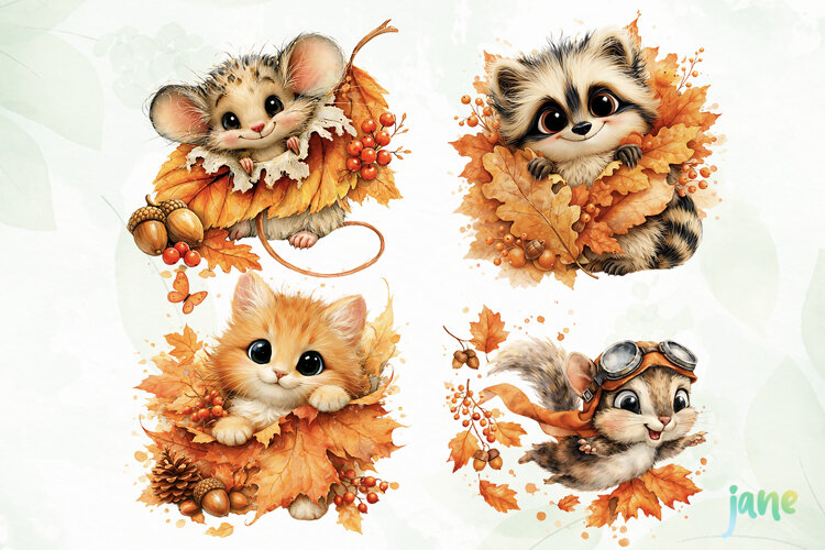 Leaf Autumn Animals Clipart example image 1