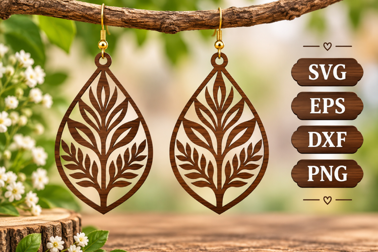 Leaf Branch Earring Teardrop Wood Botanical Fern Laser SVG