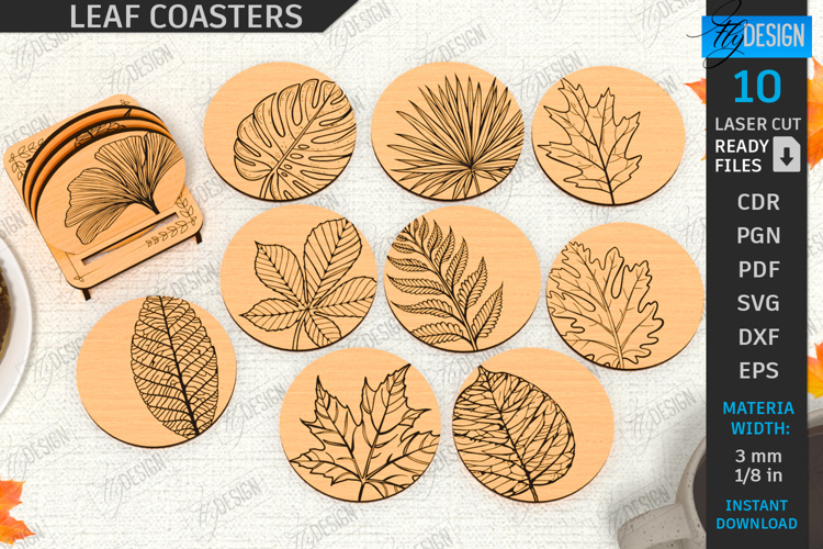 Round Fall Leaves Coasters Laser Cut Set, Autumn Table Decor