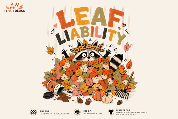 leaf liability raccoon, raccoon autumn png, fall raccoon design, autumn sublimation png, funny raccoon shirt, woodland raccoon art, fall leaf design, raccoon lover gift, autumn shirt png, seasonal animal art