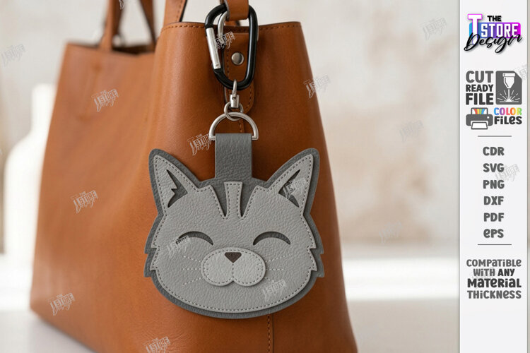 Leather Animal Keychain Bag Tag Laser Cut | Cute Cat SVG example image 1