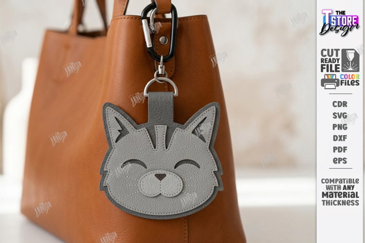 Leather Animal Keychain Bag Tag Laser Cut | Cute Cat SVG