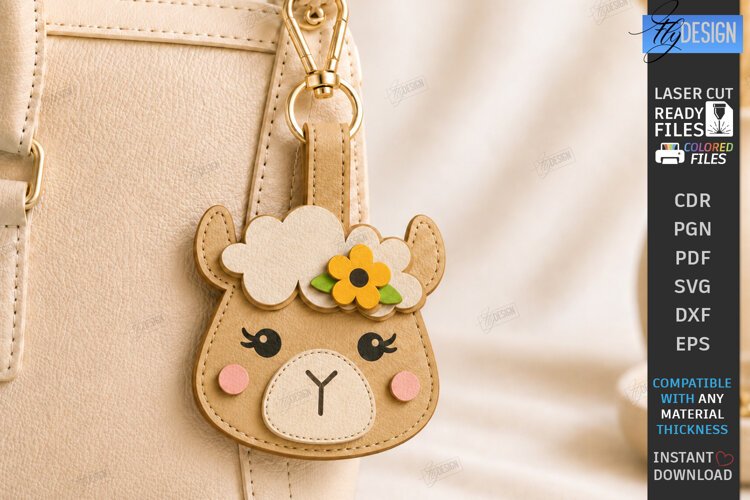 Leather Animal Keychain Bag Tag Laser Cut | Cute Lama Tag example image 1