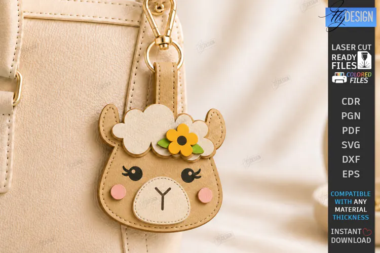 Leather Animal Keychain Bag Tag Laser Cut | Cute Lama Tag