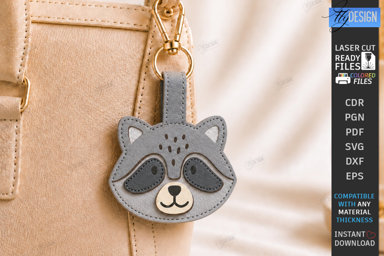 Leather Animal Keychain Bag Tag Laser Cut | Cute Raccoon SVG
